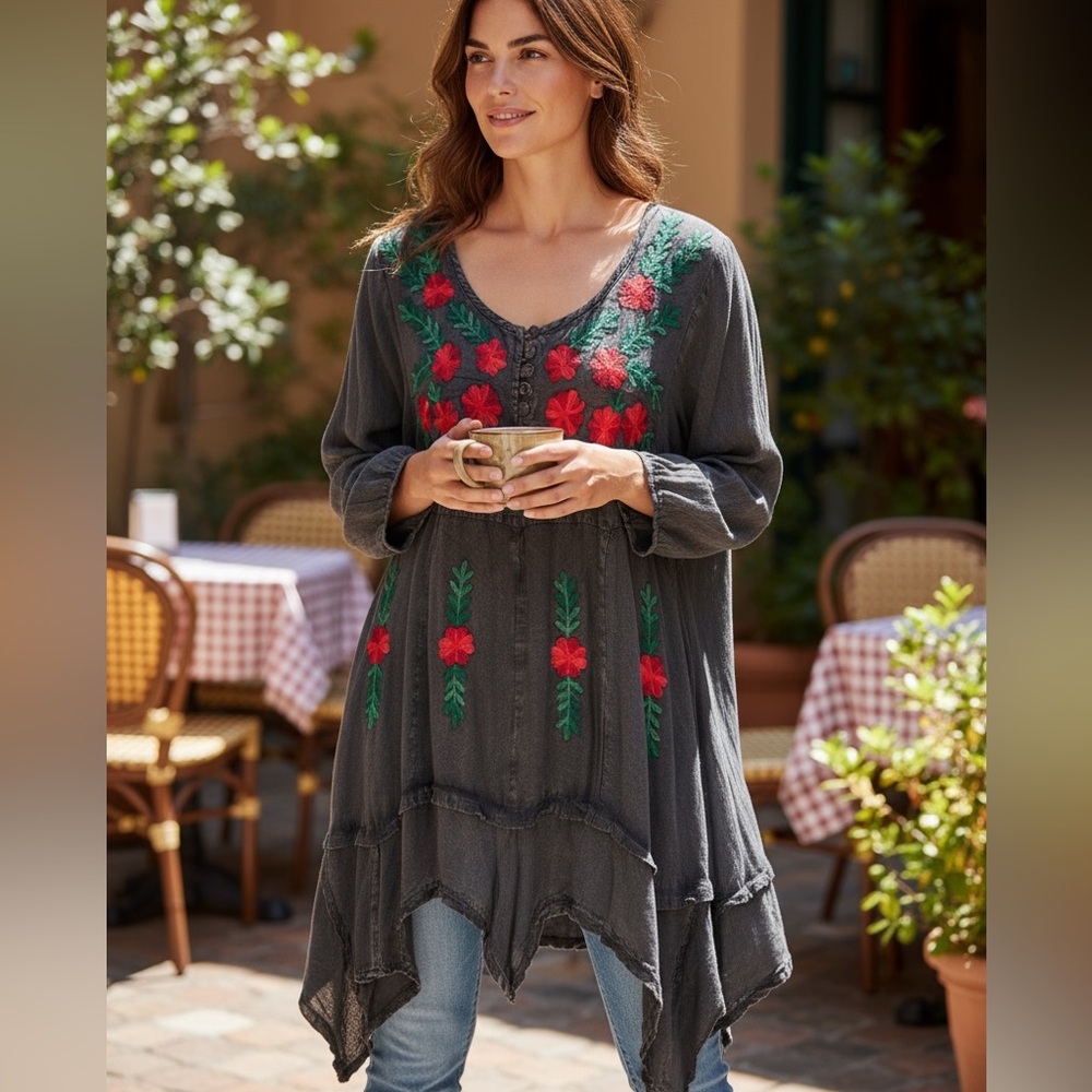 Sacred Threads Black Embroidered Floral Boho Tunic Red Green L/XL